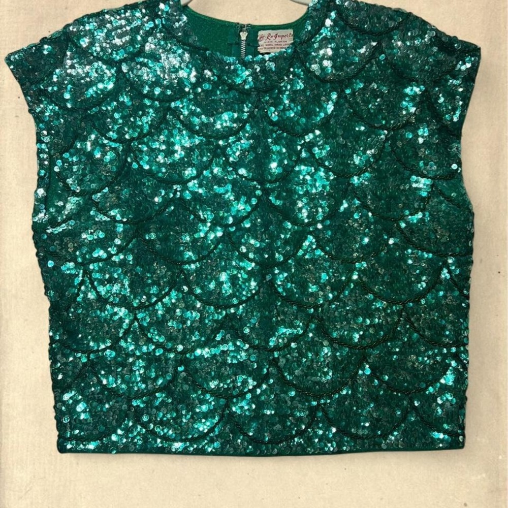Vintage 60s Emerald Green Sequin Mermaid Shell - Modern M/L